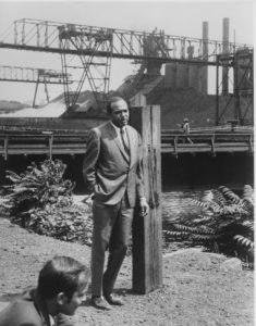 Stokes News Conference, 1969: Mayor Carl Stokes talks to reporters near the site of the Cuyahoga River fire in 1969.