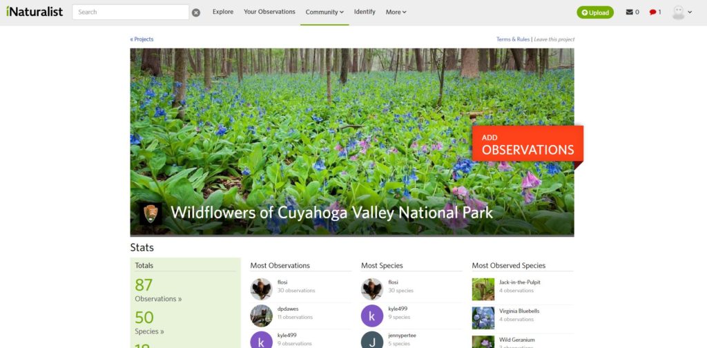 "Wildflowers of Cuyahoga Valley National Park" webpage. You can easily add an observation, or read some of the most observed species.