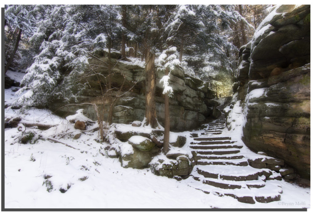 The Ledges' steps covered in a sheet of white snow.