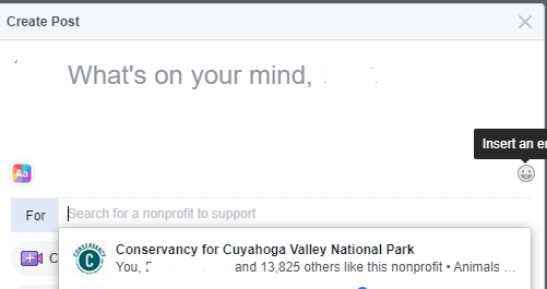 Screenshot of a "Create Post" box on Facebook after clicking "Support Nonprofit."