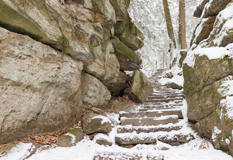 Steps on Ledges trail covered in snow