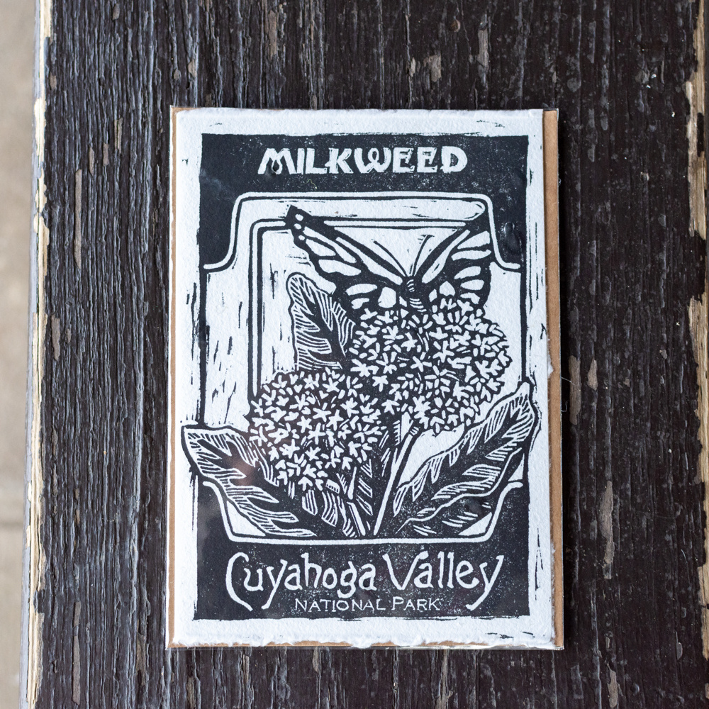 Milkweed Seed Card black and white block print