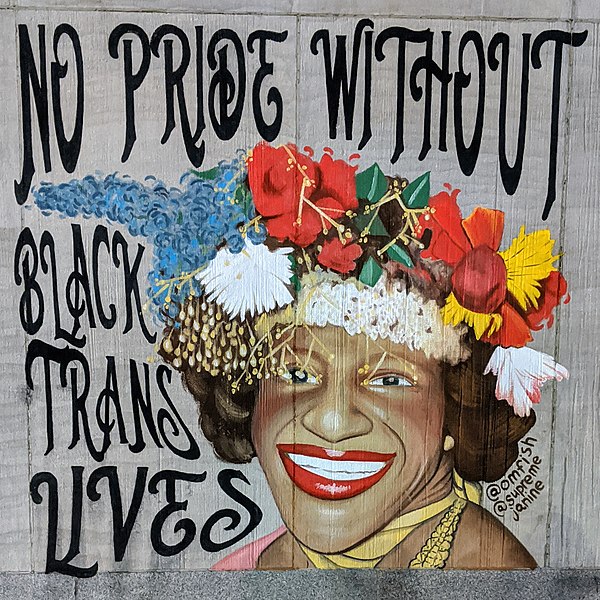 Mural of Marsha P. Johnson that reads "No Pride without Black Trans Lives"