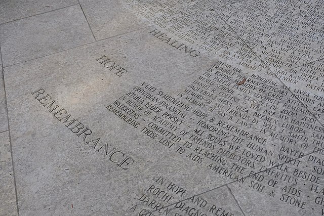 Close-up of engraved text at National AIDS Memorial Grove