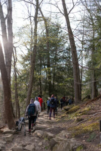 A group of woman walk along a trail.