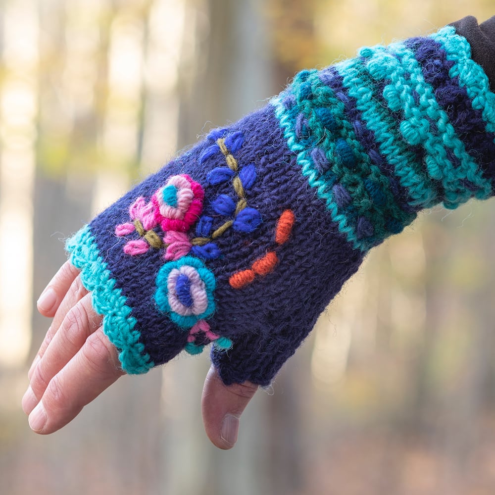 Embroidered Floral Handwarmers (winter blue)