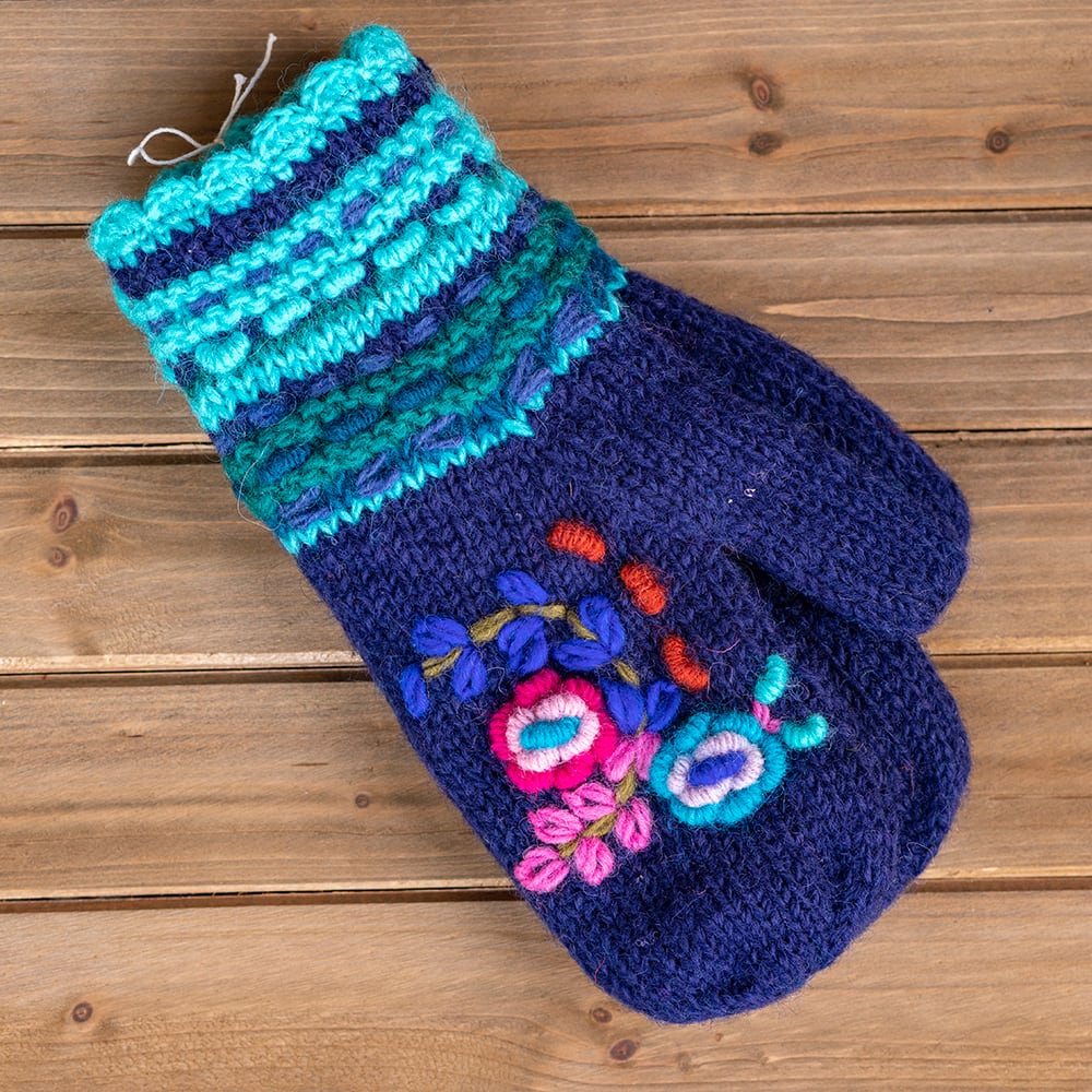 Embroidered Floral Mittens (winter blue)