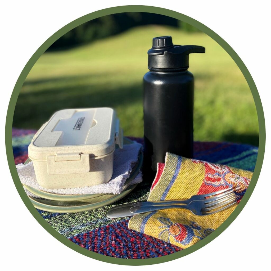 A circular photo of items on a cloth covered picnic table, which includes two stacked plates, a cloth napkin, a reusable food container, a reusable water bottle, a colorful towel, and a stack of silver-colored forks. 