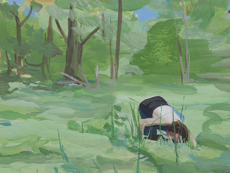 An image of Nikki Lindt's acrylic painting titled Dis Place 3. It depicts a person kneeling on the ground with their head to the earth as if listening to something. Trees are in the background. 