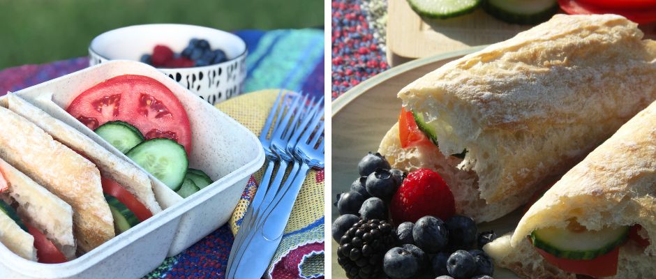 A photo of a reusable food container with two compartments filled with food, which is placed next to a ceramic bowl of berries, a cloth napkin, and a stack of four silver forks.Next to the first phot is another photo of a plate holding two cucumber and tomato sandwiches and berries.