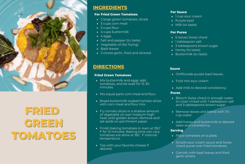 A recipe card with a photo of fried green tomatoes on a plate with a sauce and puree. Instructions and directions for the recipe are included as text. 