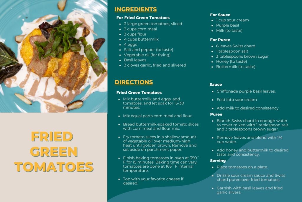A recipe card with a photo of fried green tomatoes on a plate with a sauce and puree. Instructions and directions for the recipe are included as text.