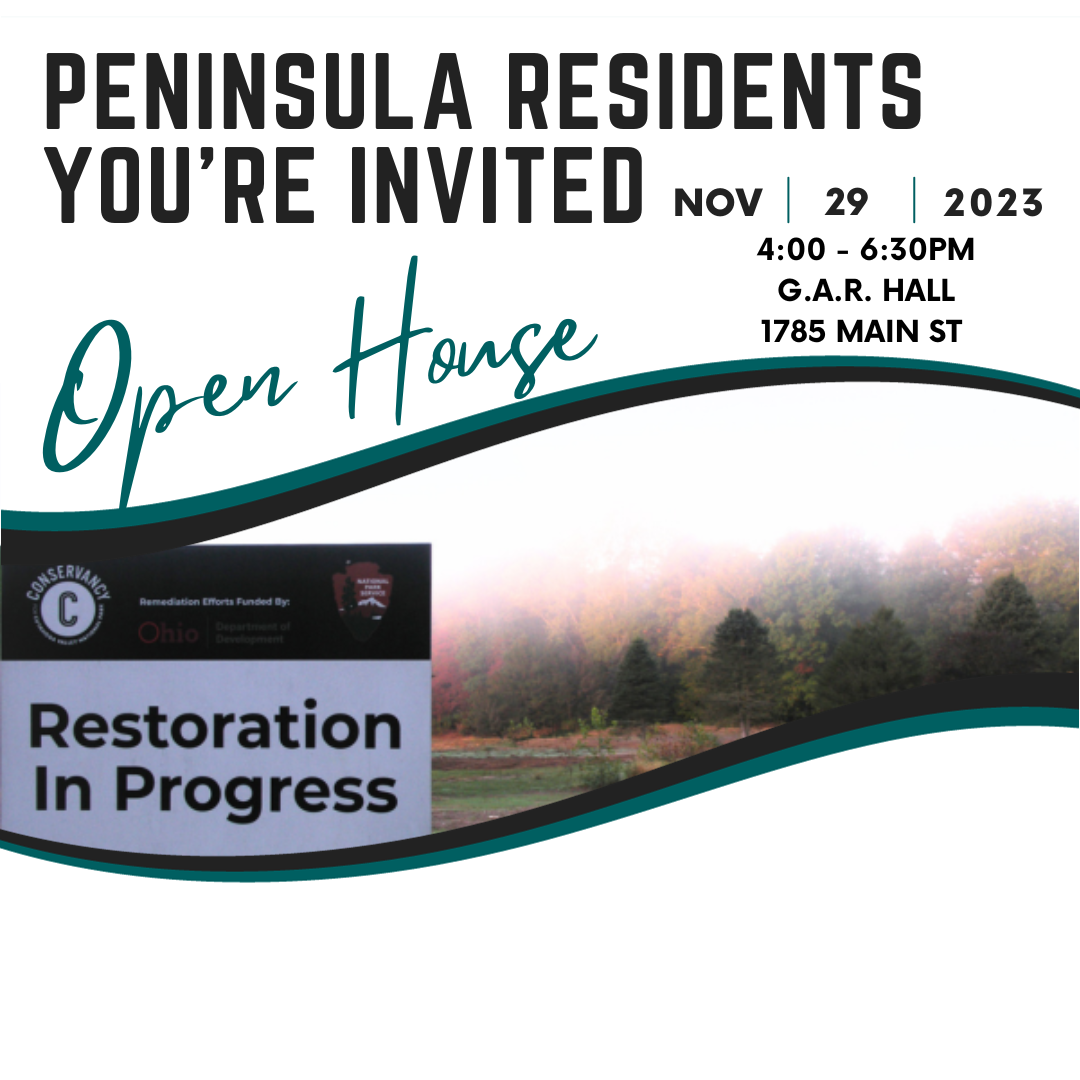 Photo of sign stating Restoration in Progress in front of trees. Also included words Open House on Nov. 29.