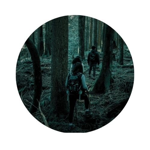 A circular photo of a small group of people hiking through a forest at dusk. 