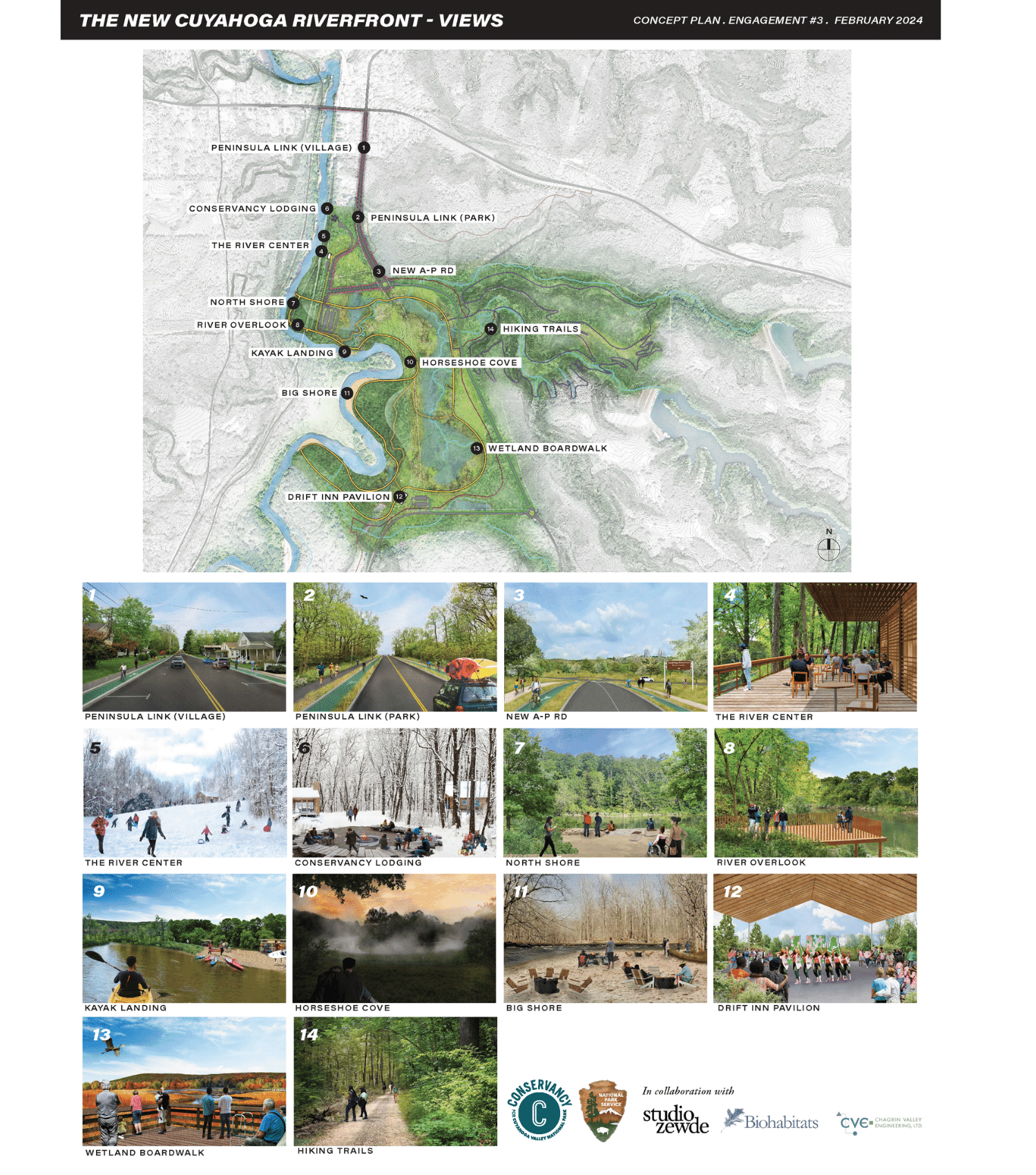 Proposed overall site map marking locations with a corresponding photo of what the view could look like for the following:
-1 Peninsula link to village (roadway with separate bike and pedestrian lanes)
-2 Peninsula link to park
-3 New A-P Road
-4 River Center
- 5 River Center
- 6 Lodging
-7 North Shore
-8 River Overlook
-9 kayak Landing
-10 Horseshoe Cove
-11 Big Shore
-12 Drift Inn Pavilion
-13 Wetland Boardwalk
-14 Hiking Trails