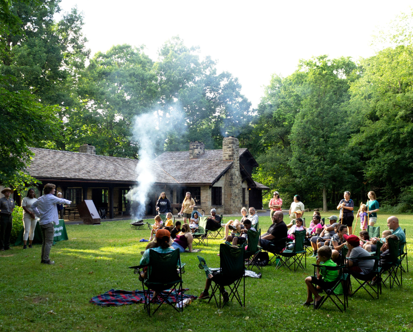 Families participating in campfire program at the Ledges Shelter.