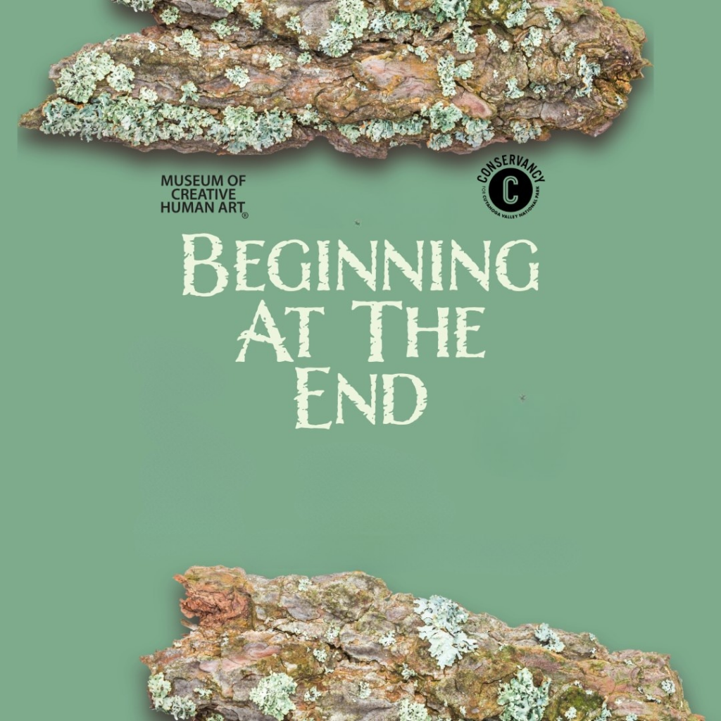 Two pieces of a fallen tree with the words Beginning at the End.