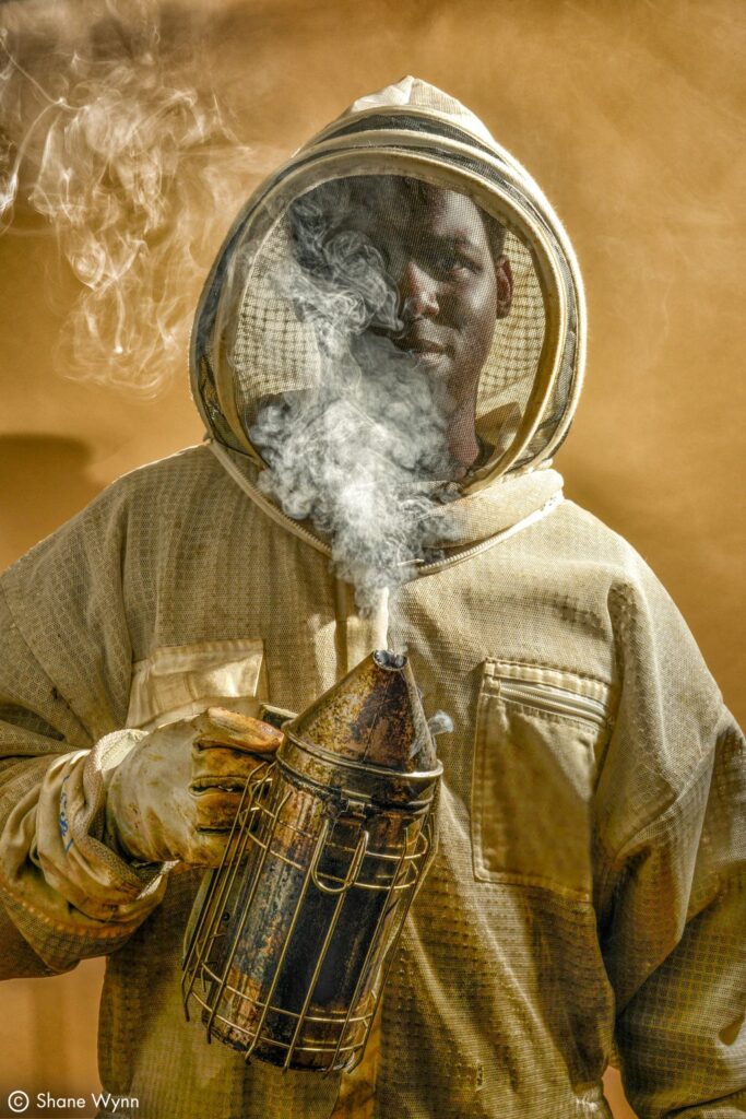 Person in a protective gear to work with bees.