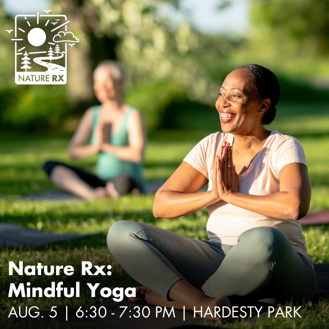 vent by the Conservancy for Cuyahoga Valley National Park titled: Nature Rx, Mindful Yoga, August 5, 6:30 to 7:30 pm, Hardesty Park. A photo of a smiling woman sitting cross-legged outside on a yoga mat is included along with a Nature Rx logo.