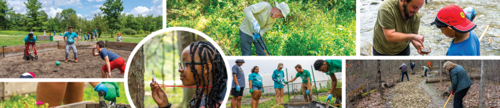 Photo collage of people volunteering, children at environmental education center.