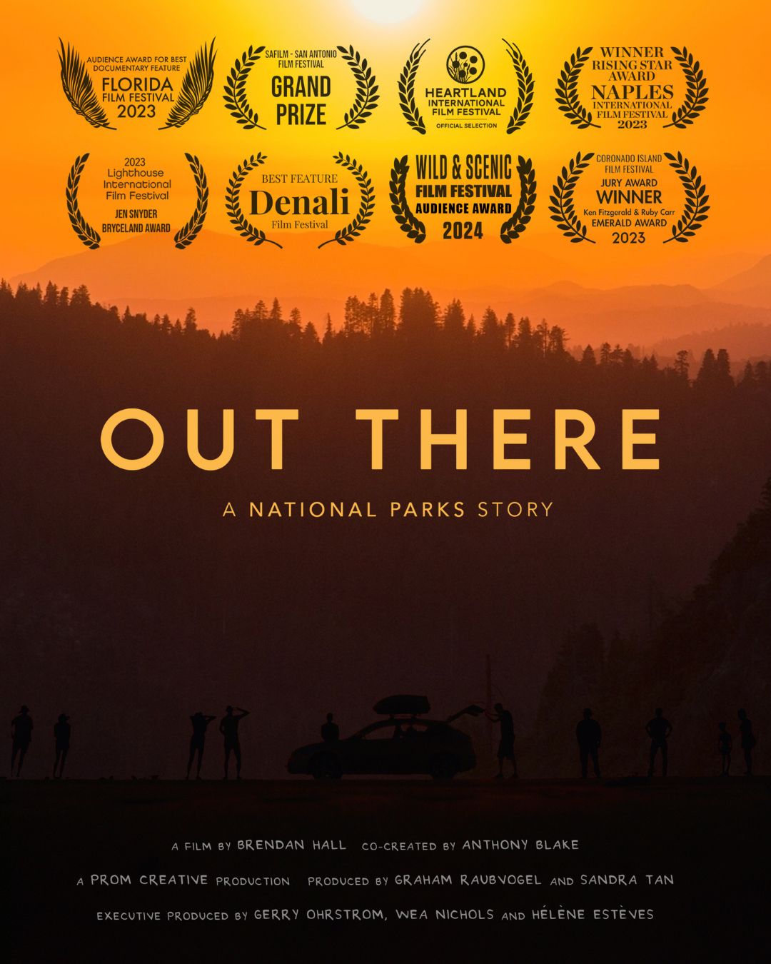 A movie poster for the film Out There: A National Parks Story. The background image includes people, a landscape with trees, and a truck in silhouette against an orange sky.