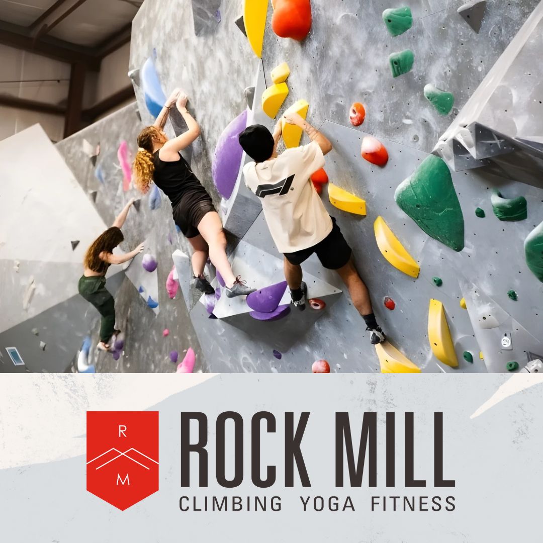 A photo of people climbing on a rock wall. A logo for Rock Mill is included beneath the photo.