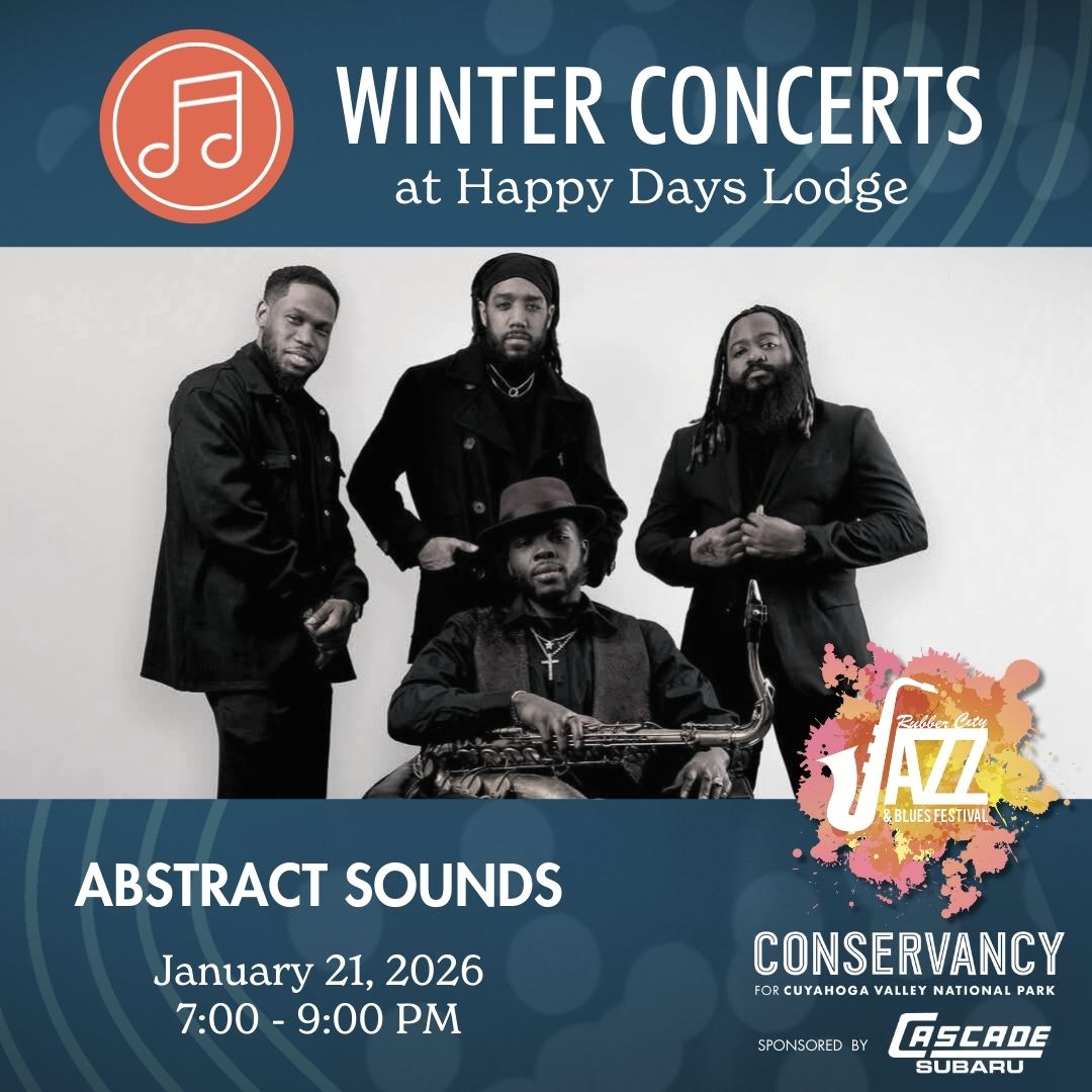 A photo of the band Abstract Sounds on a graphic for Winter Concerts at Happy Days Lodge.