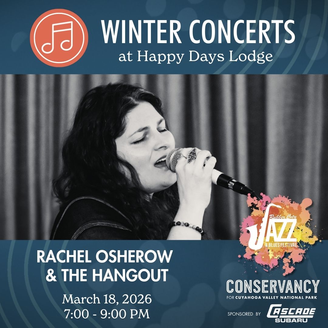 A picture of Rachel Osherow singing. The photo is part of a graphic for Winter Concerts at Happy Days Lodge.