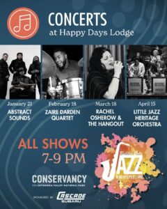 A graphic for concerts at Happy Days Lodge featuring images of four performers, sponsor logos, and the words All Shows 7 to 9 PM.