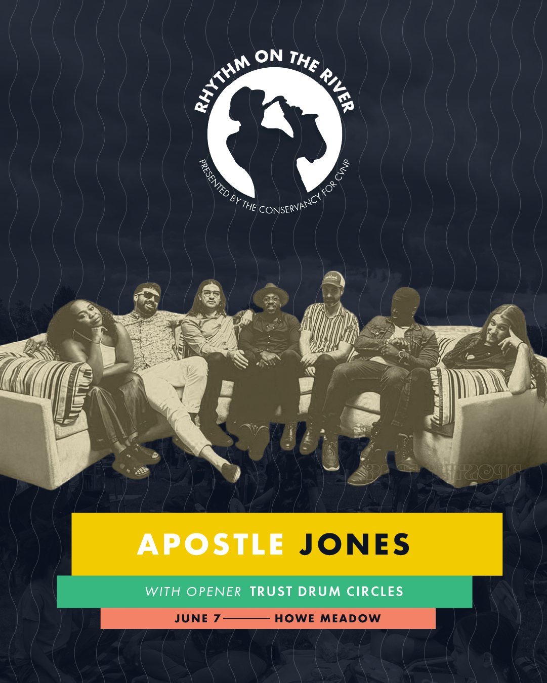 A graphic for Rhythm on the River's June 7 concert featuring Apostle Jones and Trust Drum Circles.