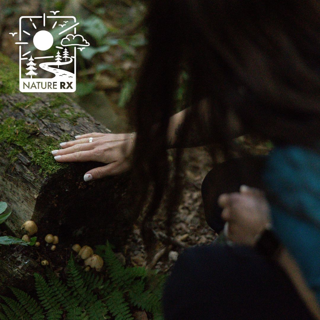 A photo of a woman with her hand on a mossy log.